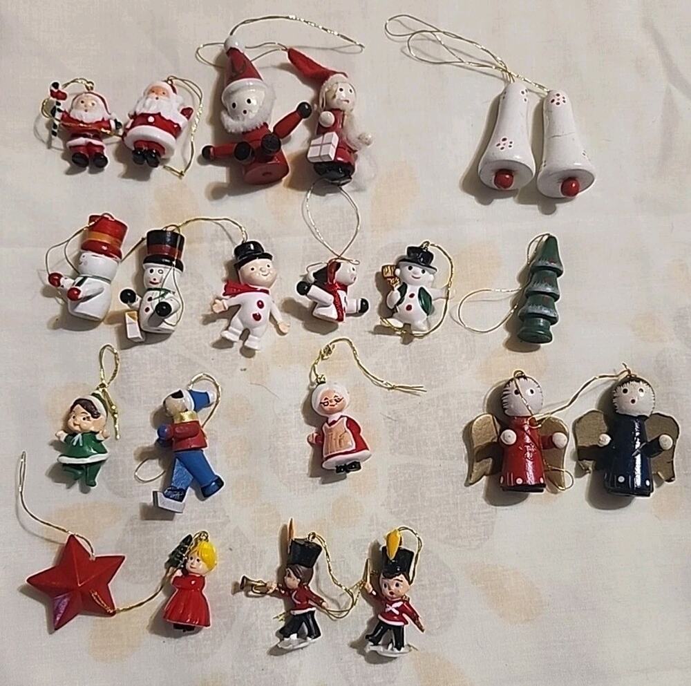 21 Vintage Miniature Christmas Tree Ornaments Snowman Santa Angel Star Trees